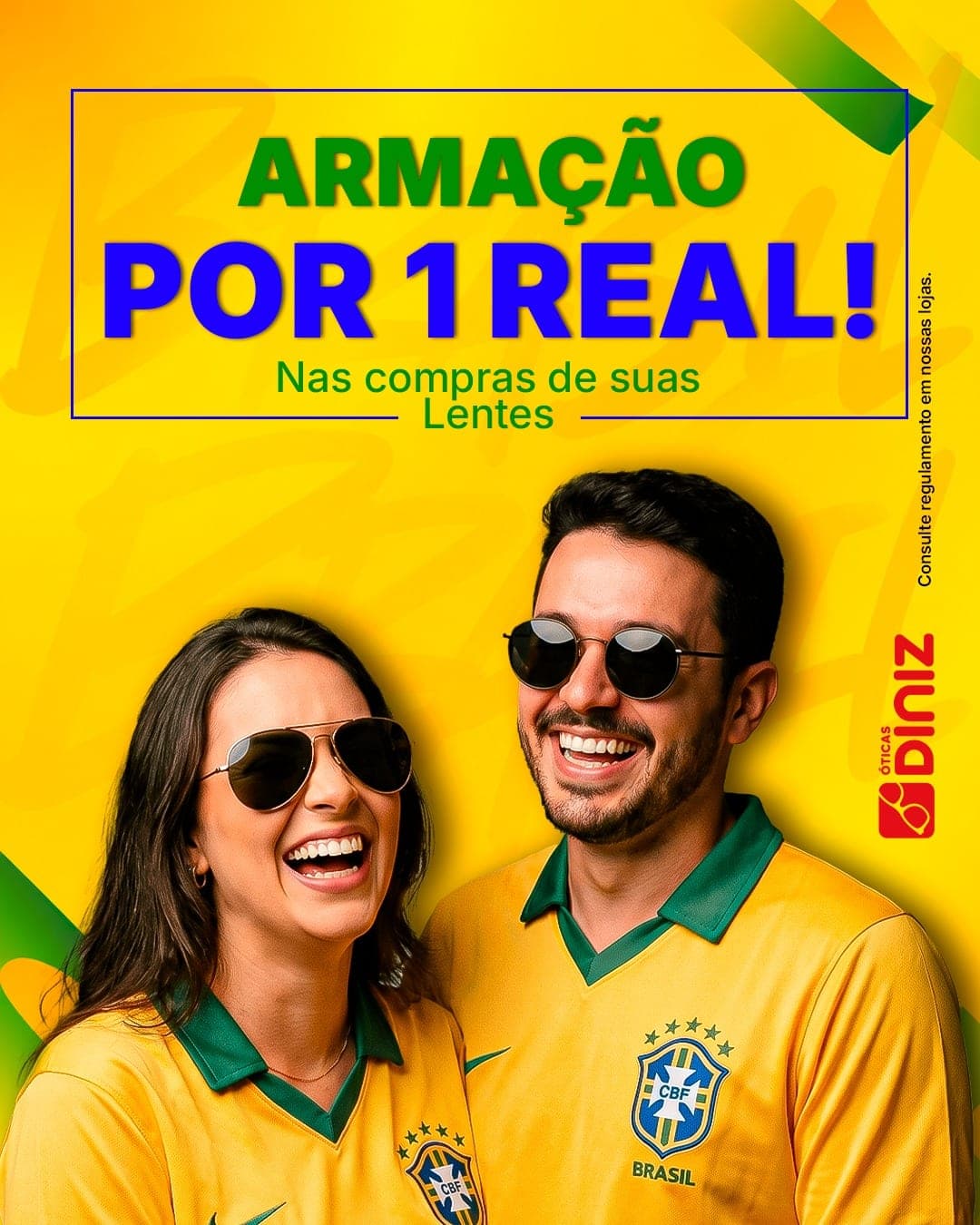 Post da Óticas Diniz com tema da Copa: armação por 1 real na compra das lentes.