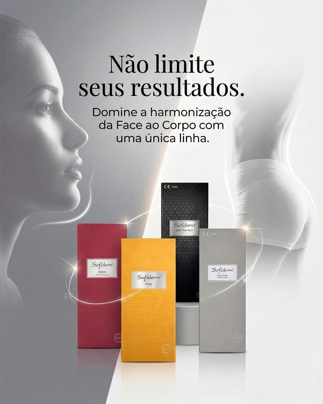 Peça de estética Sofiderm sobre harmonização de face e corpo, com a linha de produtos.