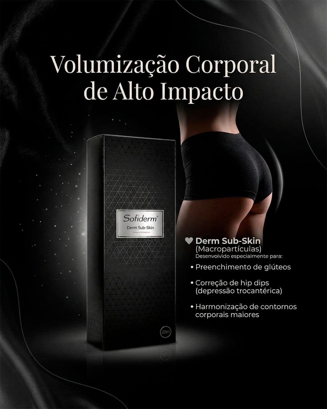 Peça Sofiderm sobre volumização corporal, destacando o produto Derm Sub-Skin.