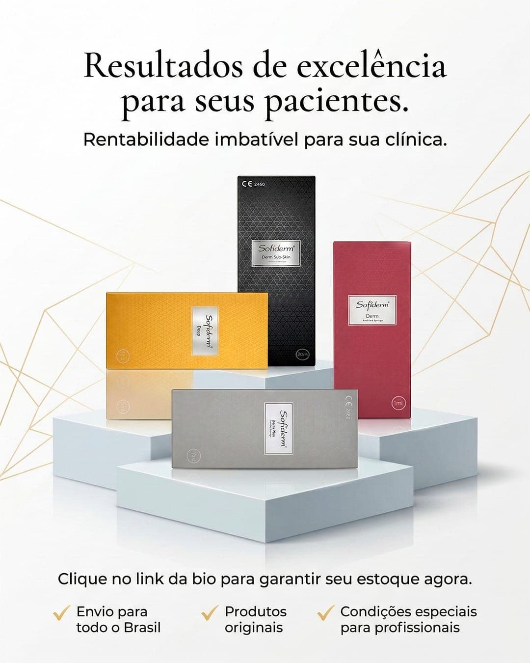 Peça Sofiderm com a linha completa de produtos exibida sobre pódios.