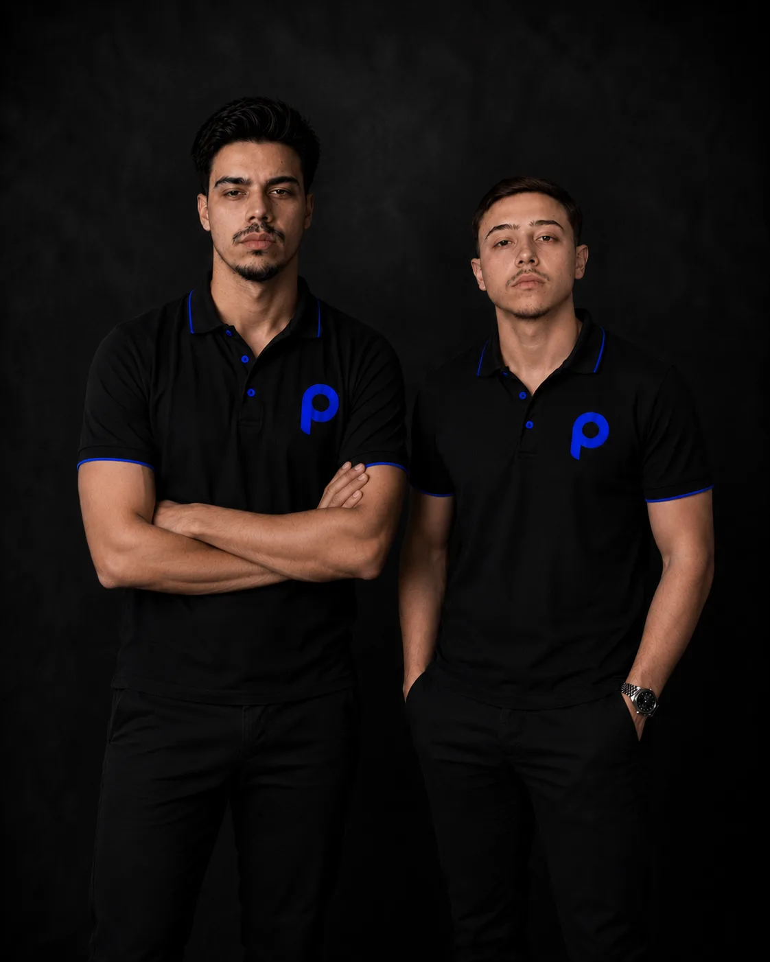 Sócios da Pixeloo com camisas da marca em estúdio escuro.